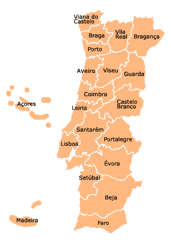 Mapa de Portugal continental e respectivas regiões